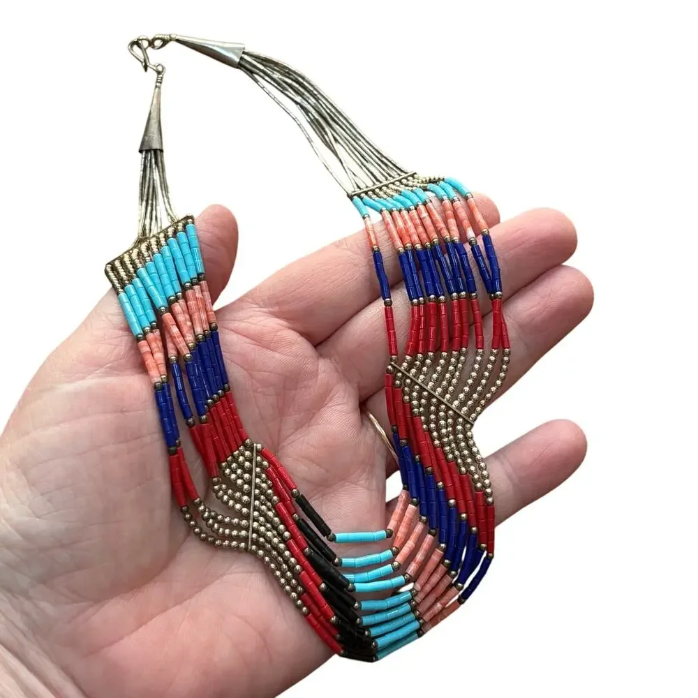 Sterling Silver beaded multistrand bib necklace southwestern gemstones signed